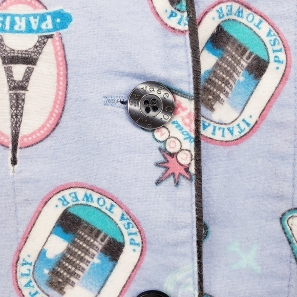 P.j. Salvage Blue Flannel Pajama Set Paris design Size Small - Picture 6 of 10